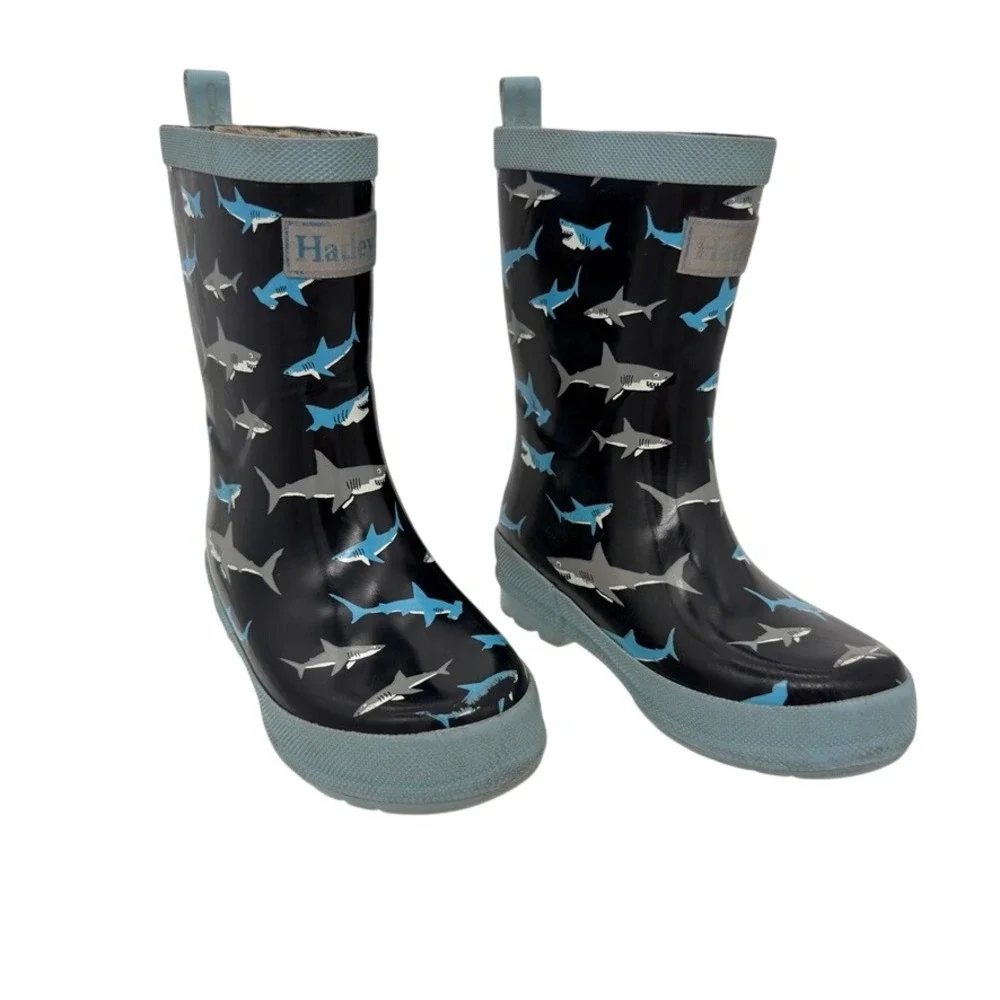 Hatley Kids Shark Print Rain‎ Boots Size 11 Black Blue Rubber Waterproof